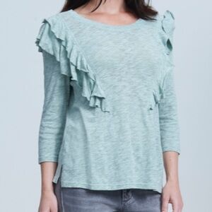 Ruffle Shoulder Top Long Sleeve Seafoam Size Medium